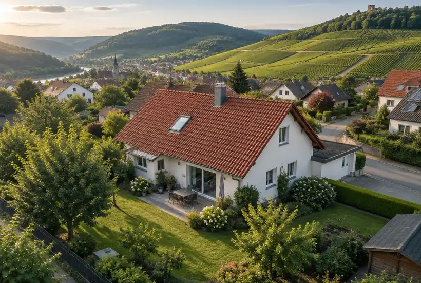 Luftaufnahme eines Einfamilienhauses mit Garten vor Weinbergen in der Pfalz