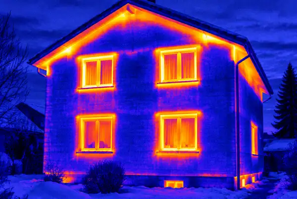 Wärmebild einer Hausfassade: blaue Wände, orange leuchtende Fenster und Dachkante