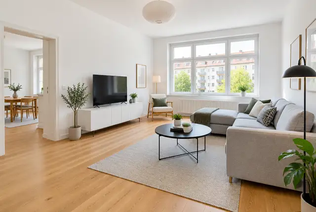 Helles Wohnzimmer mit Parkett und großem Fenster